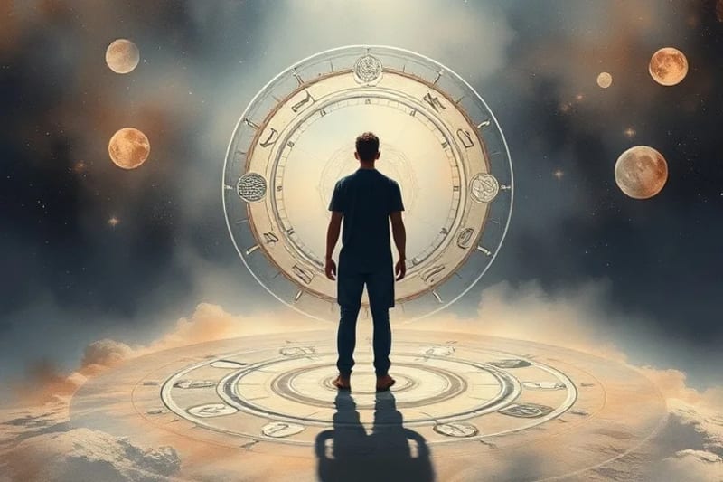 Watercolor painting of a person at a crossroads, with an astrological chart guiding their choices, symbolizing strategic decision-making.