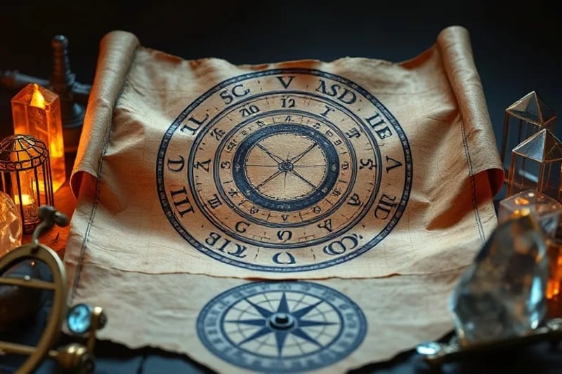 3D render of an ancient scroll revealing an electional astrology chart, surrounded by crystals and a compass, symbolizing precise timing and guidance.