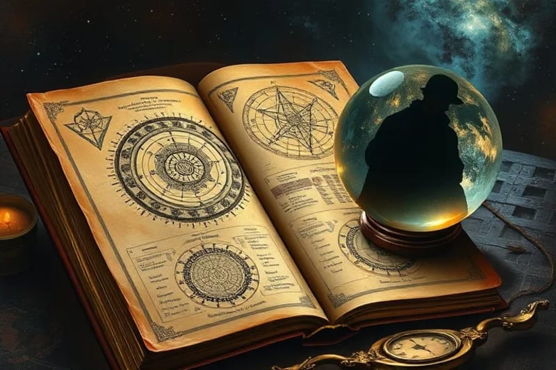 Antique journal with astrological charts and family tree, next to a crystal ball reflecting a shadowy figure, symbolizing inherited patterns.