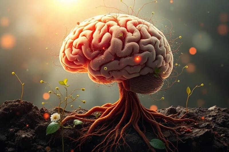 Abstract digital painting of a serene brain integrated with root systems, symbolizing natural healing and balance
