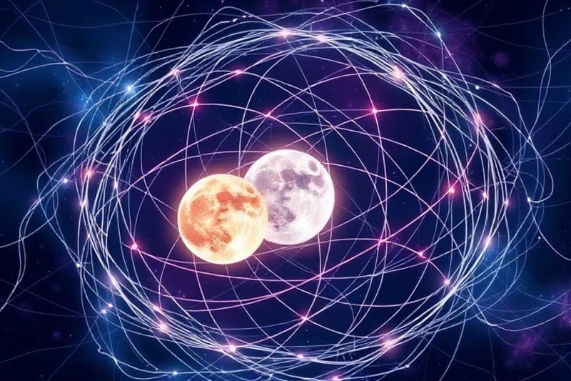 Abstract digital art of intertwined luminous threads forming a web around two glowing spheres, symbolizing karmic connections and ancestral lines.