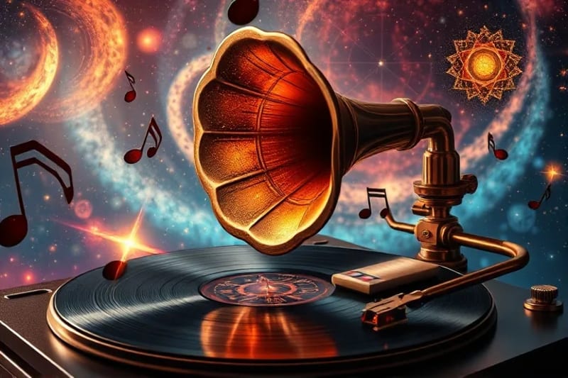 Ilustración surrealista de un gramófono cósmico con un disco de vinilo que refleja un mapa estelar, emitiendo notas musicales que se transforman en pequeñas constelaciones.