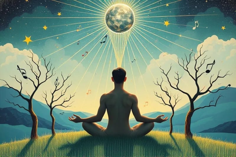 Obra de arte surrealista que muestra a una persona meditando, con su aura conectada a una esfera celestial que emana luz y símbolos musicales, en un paisaje con árboles que parecen claves musicales.