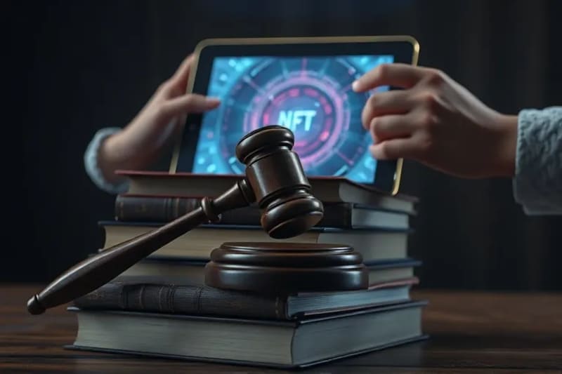 Gavel de juez sobre libros legales, con una pantalla de tablet mostrando un NFT brillante y una mano de avatar digital interactuando con ella.