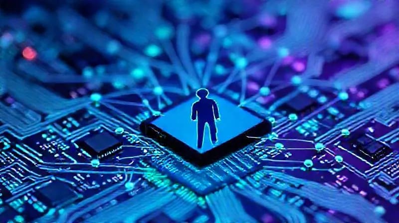 Representación abstracta de marcos legales y nodos de blockchain interconectados, formando una red alrededor de una silueta de avatar, con gradientes de color azul y verde.