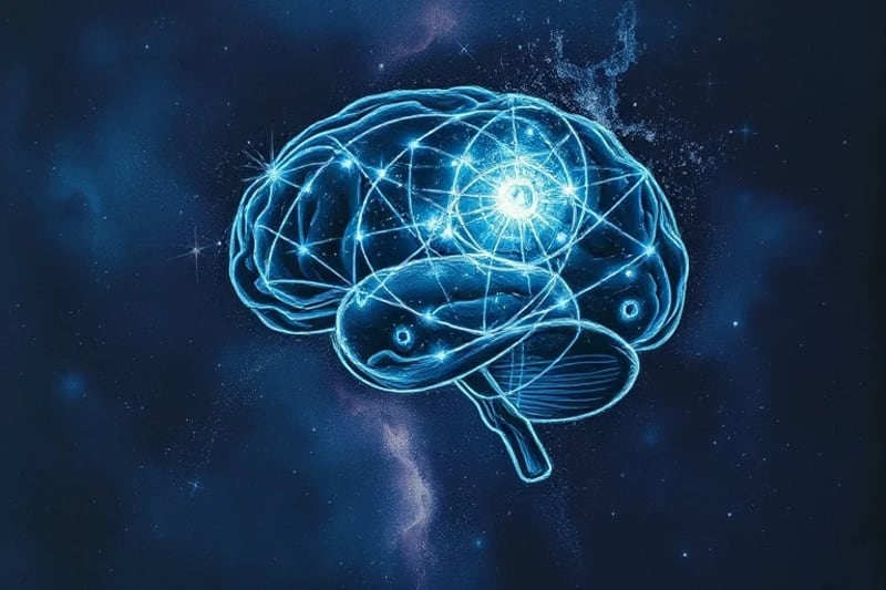 Universe, Mind, and Destiny Intertwined Cosmic nebula forming brain outline with astrological symbols and quantum particles