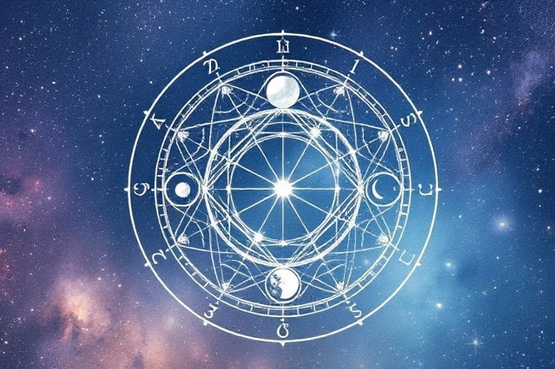 Cosmic Blueprint of Entangled Destiny Watercolor birth chart mandala with quantum particles and light threads