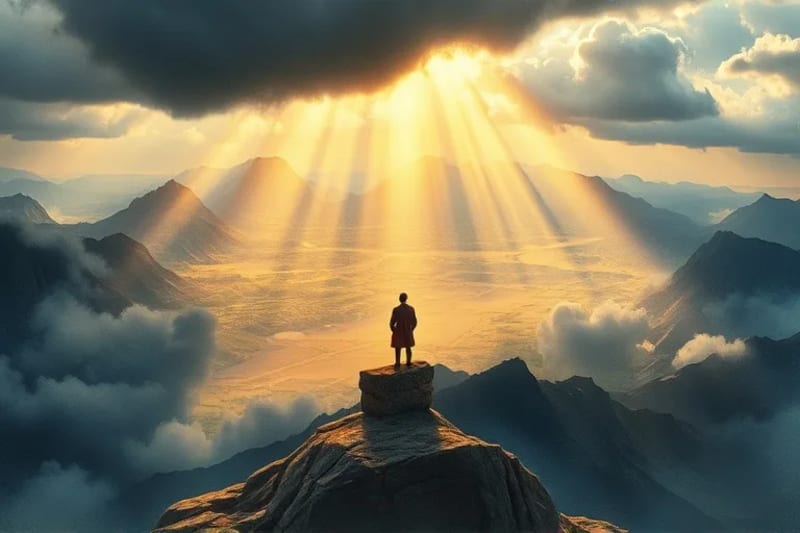 Figura solitaria en la cima de una montaña, observando un paisaje donde la luz rompe nubes oscuras, iluminando eventos históricos y futuros con tonos etéreos