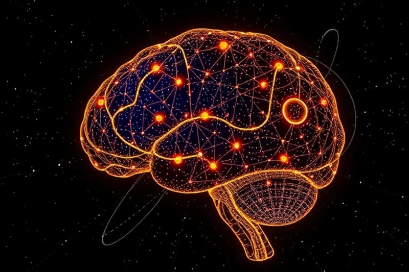 Representación 3D de un cerebro humano conectado con patrones cósmicos