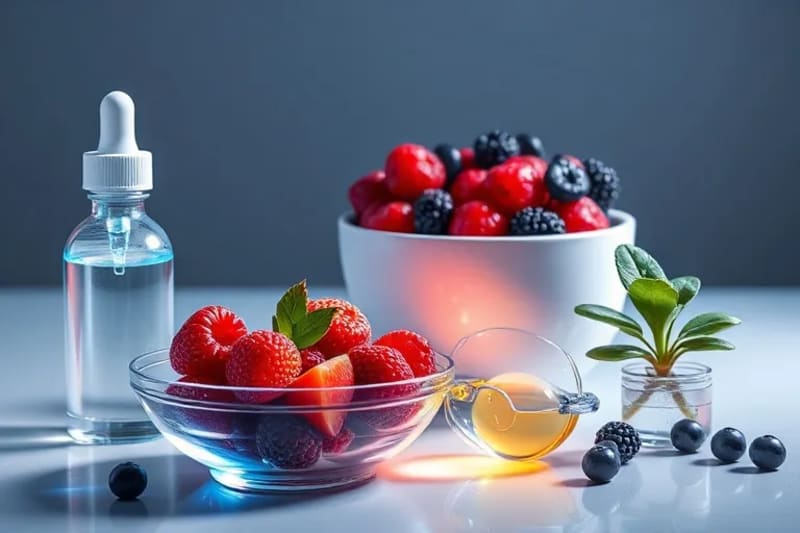 Artistic digital painting of eye drops, berries, blue-light glasses, and a plant, symbolizing ocular health biohacking.