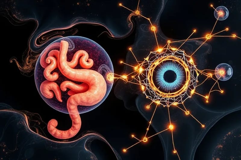 3D render of gut and eye spheres connected by glowing neural pathways, representing the gut-eye axis.