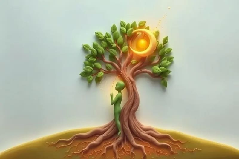 Digital painting of human silhouette merging with tree roots