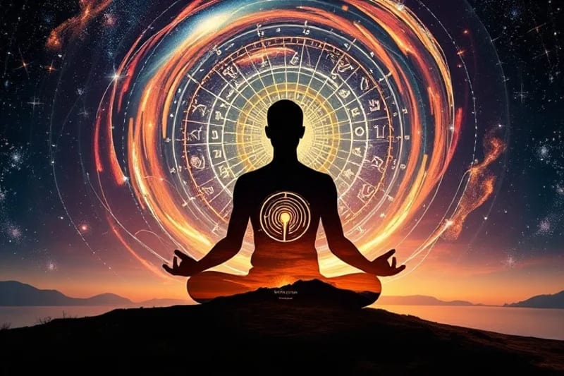 Figura humana meditando con geometría sagrada y energía cósmica