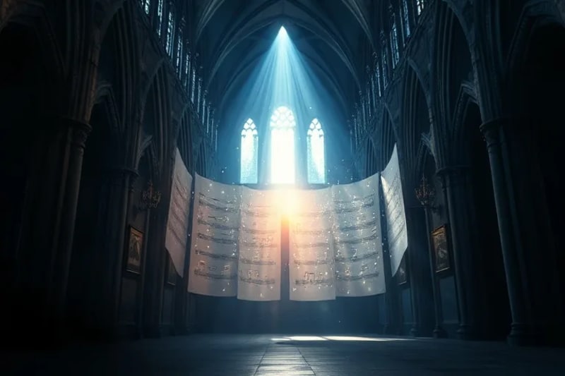 Render 3D de pergaminos antiguos con notación de canto gregoriano, de los cuales emergen notas musicales etéreas que se convierten en luz ascendente hacia una fuente celestial, sobre un fondo cósmico azul.
