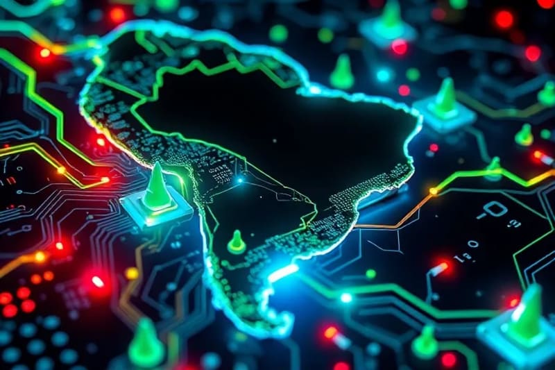 Red de datos y símbolos financieros formando un mapa de Latinoamérica, con nodos brillantes (oportunidades) y alertas rojas (riesgos)
