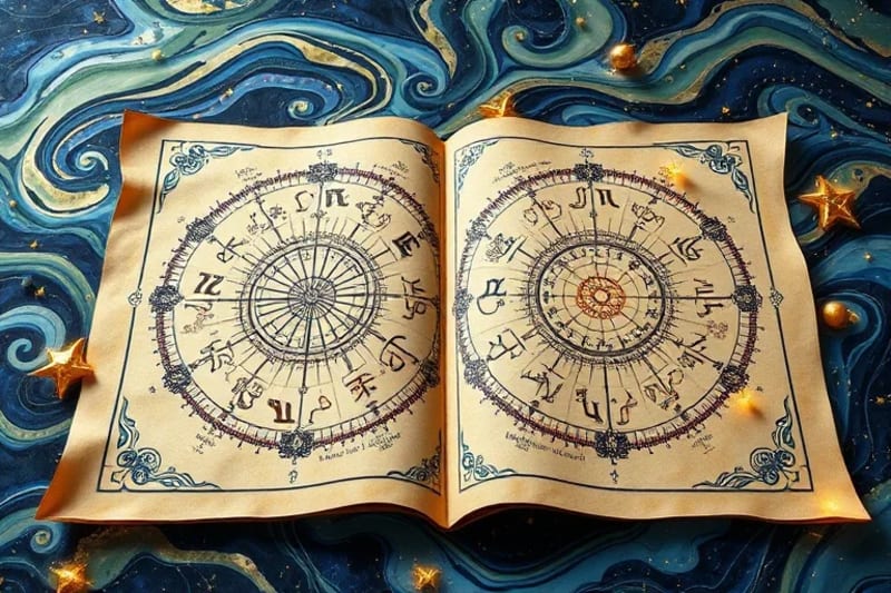 3D render of an open book with astrological charts and holographic projections