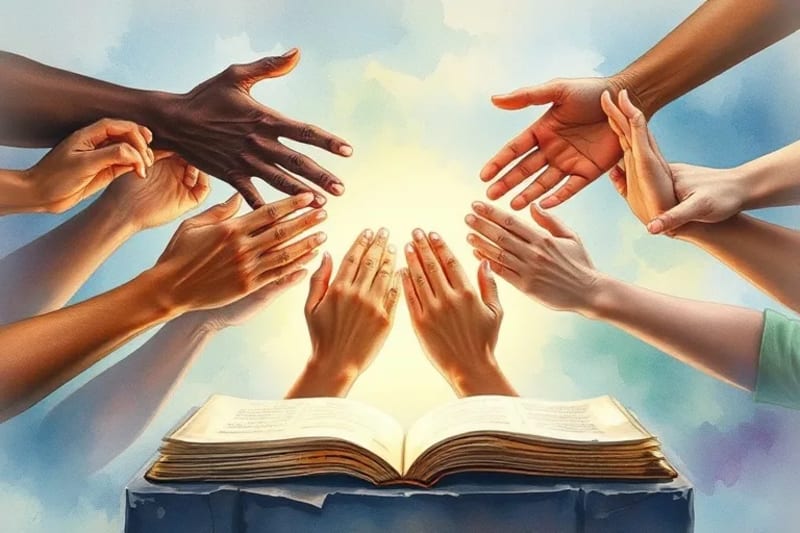 Manos diversas unidas en oración, rodeadas de luz curativa