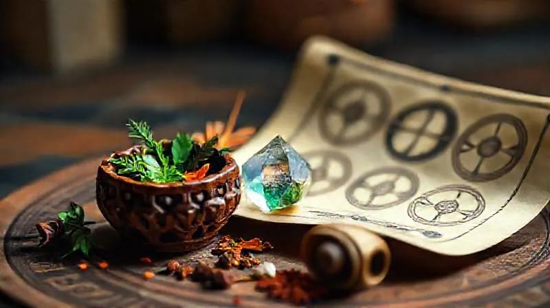 Composición de elementos de curación Jyotish: hierbas ayurvédicas, un cristal brillante y un pergamino con diagramas astrológicos, bajo una luz cálida.