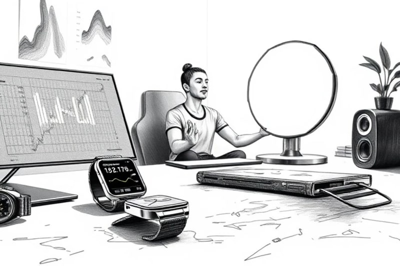 Estación de biohacking futurista con dispositivos wearables, pantallas holográficas y lámpara de terapia de luz, representando la optimización de la longevidad.
