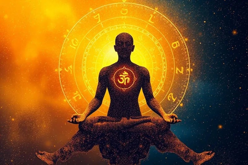 Meditating figure surrounded by glowing Sanskrit mantras and energy fields