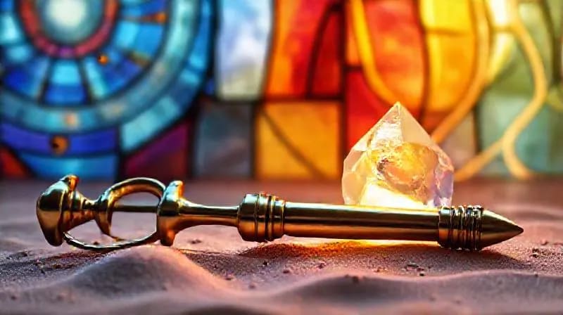 Conceptual still-life of a tuning fork, cymatic patterns, and glowing crystal representing sound frequencies