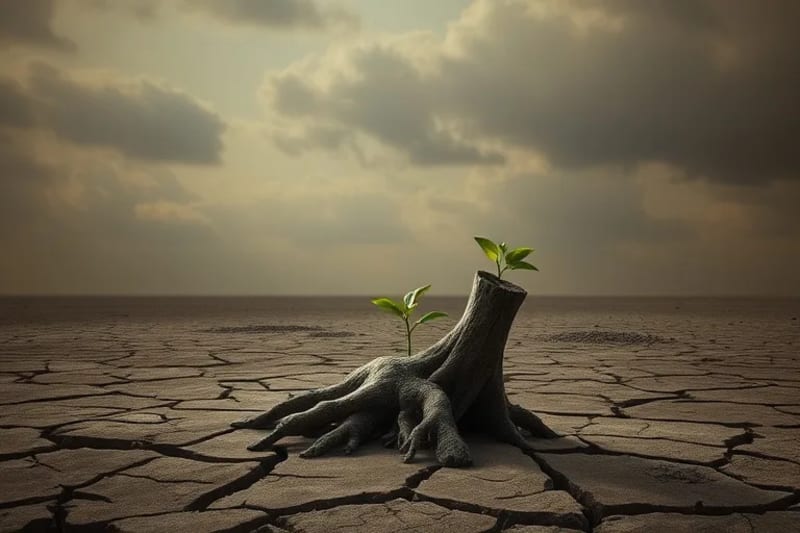 Paisaje desolado con tierra agrietada y cielo contaminado, un pequeño brote verde emerge de un tocón, simbolizando la resiliencia ecológica.
