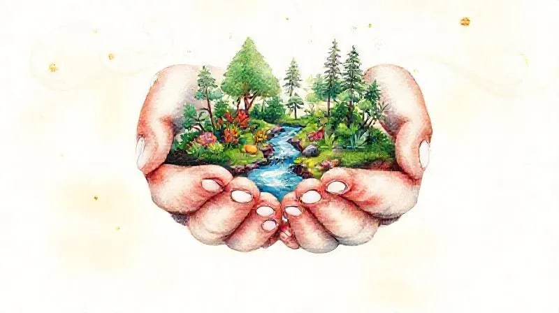 Manos genéricas sosteniendo un ecosistema en miniatura con un bosque y un río, simbolizando la custodia y el cuidado de la creación.