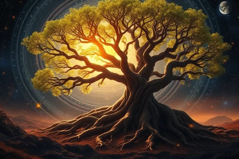 Árbol cósmico antiguo con raíces en el universo y ramas hacia estrellas, simbolizando sabiduría y madurez