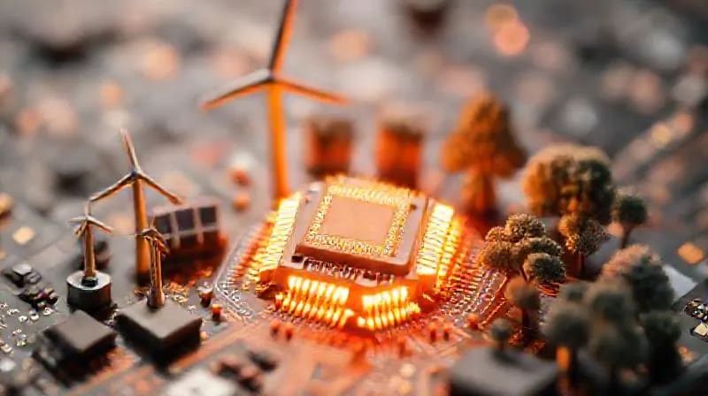 Render 3D de un chip cuántico brillante rodeado de símbolos de energía sostenible como turbinas eólicas y paneles solares en miniatura