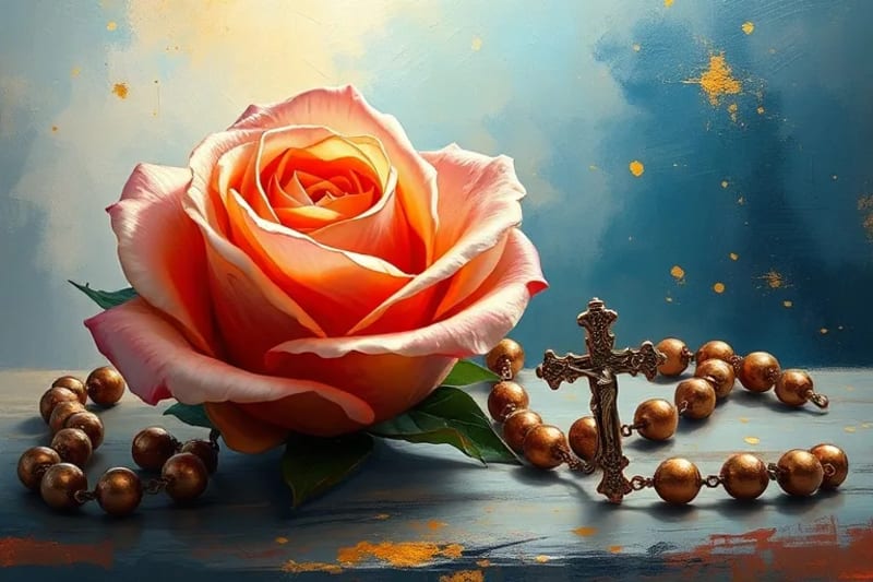 Rosario entrelazado con una rosa, simbolizando misterios