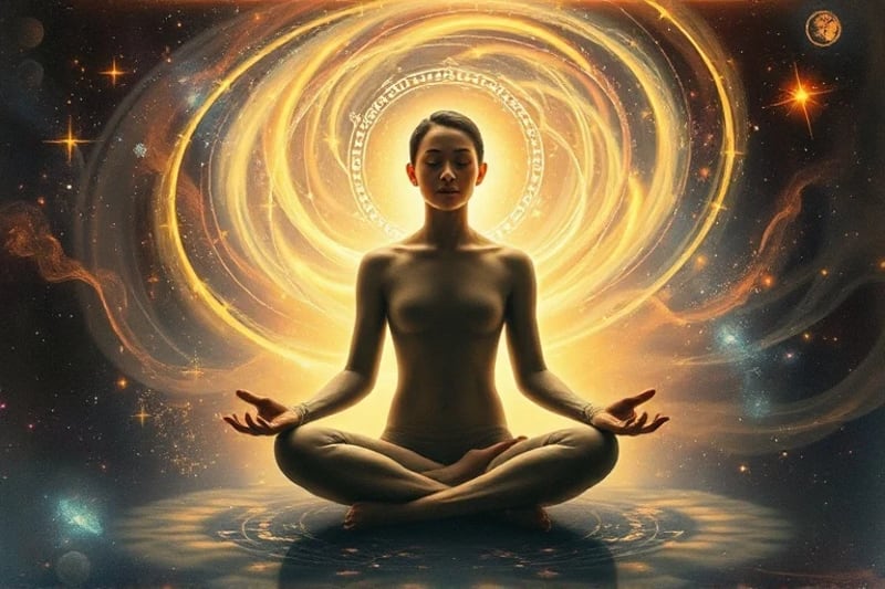 Persona meditando con energía cósmica