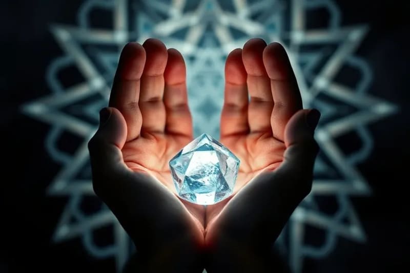 Macro photography of hands with glowing aura around crystal