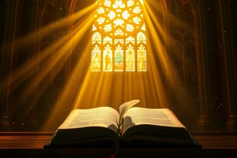 Luz celestial a través de un vitral gótico, iluminando un libro antiguo y un lirio, en un render 3D.