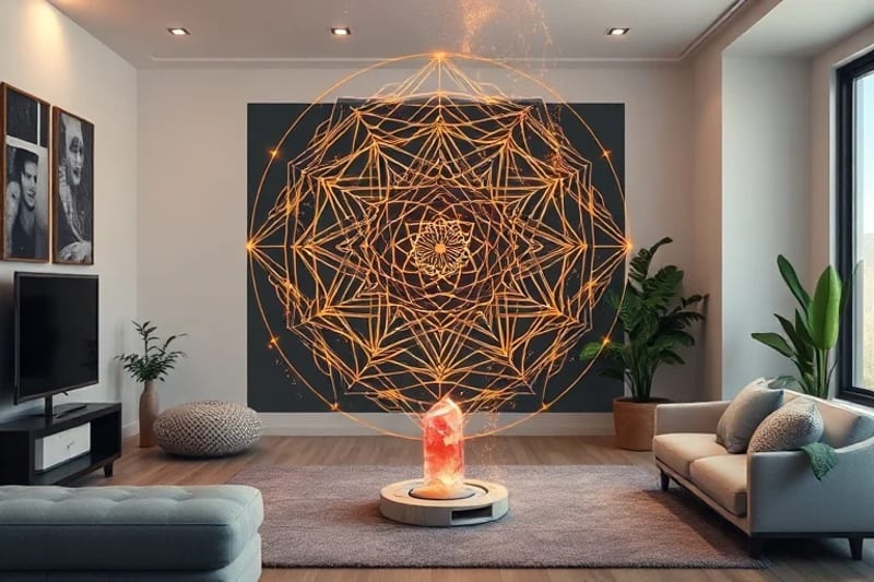 Hilo kármico brillante entrelazado en un salón moderno y sereno