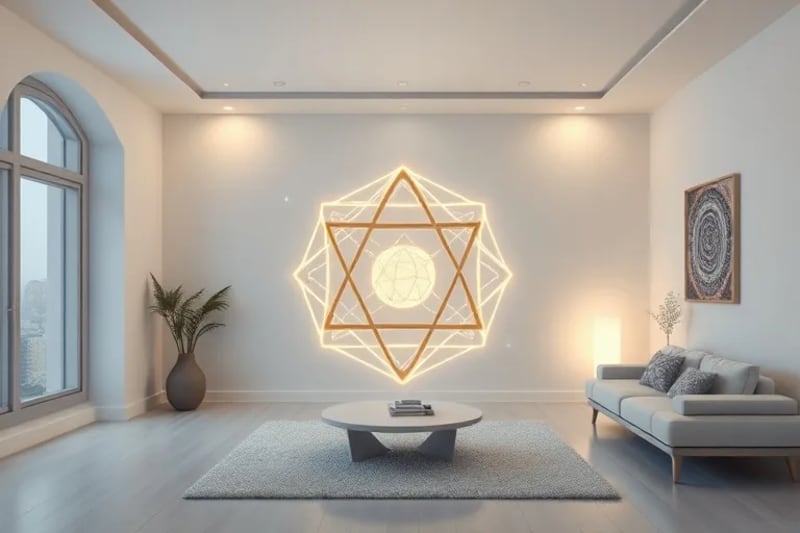 Representación abstracta de la resonancia energética en el hogar con formas geométricas