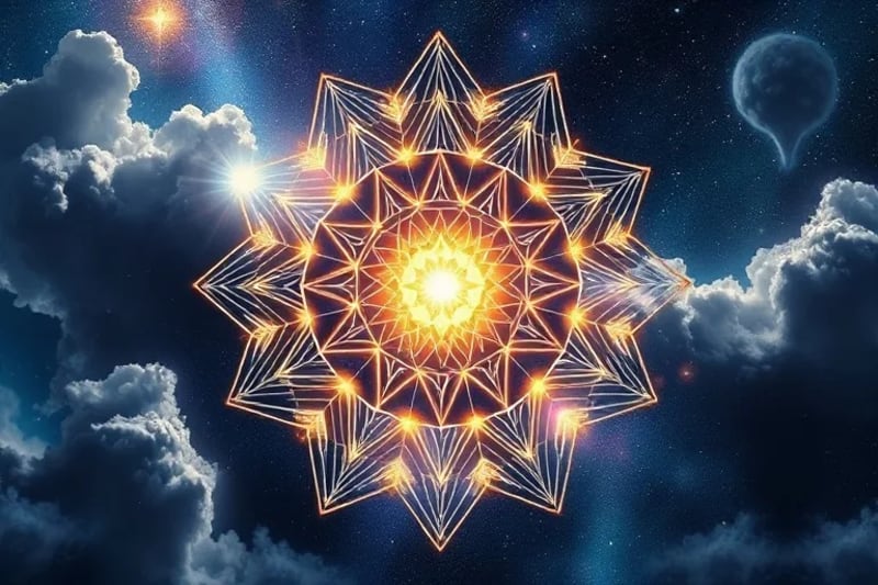 Abstract digital painting of interconnected geometric patterns glowing with light, representing brainwave frequencies and heart coherence, emanating from a central luminous sphere of focused mind.