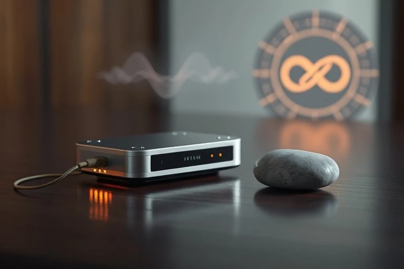 A 3D render of a minimalist biofeedback device with subtle LED indicators, next to a polished river stone emitting a warm glow, with holographic projections of brainwave patterns in the background.