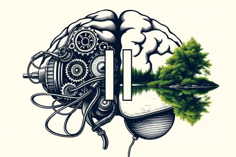 Ilustración vectorial de dos mitades de un cerebro separadas por una línea, una con engranajes digitales y otra con elementos naturales