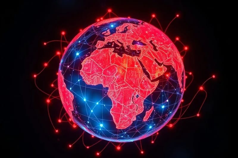 Render 3D de un globo terráqueo con líneas digitales interconectadas, algunas regiones rojas (conectividad) y otras azules (desconexión), con figuras humanas abstractas interactuando