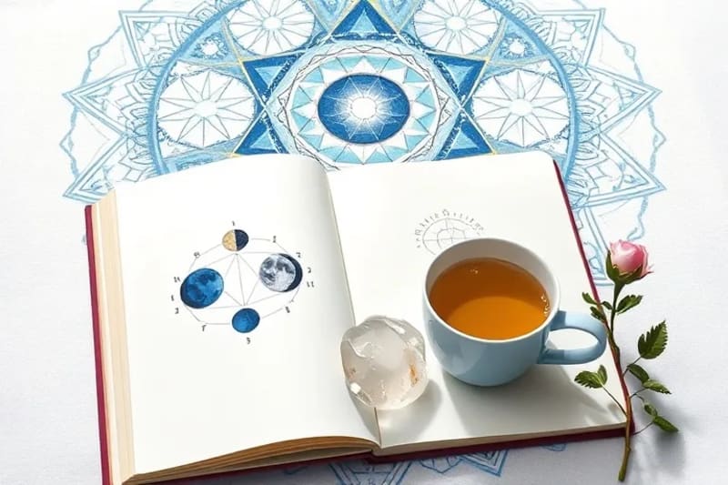 Still life of a journal, crystal, and herbal tea, representing lunar wellness practices