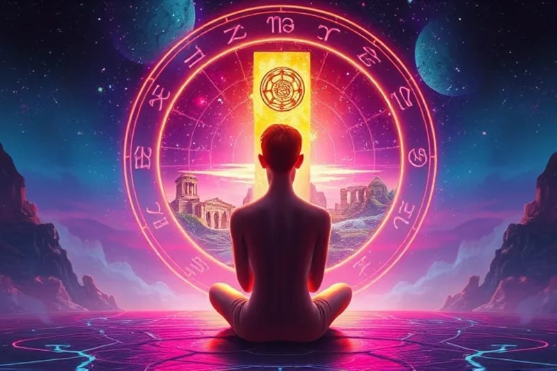 Figura humana contemplando un portal místico que muestra escenas de vidas pasadas, sosteniendo una carta de tarot brillante