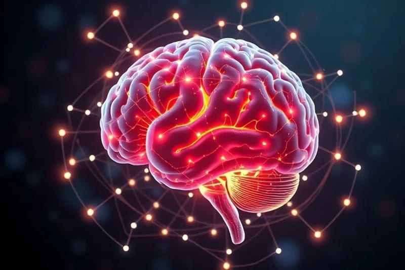3D render of brain with digital devices for mental well-being