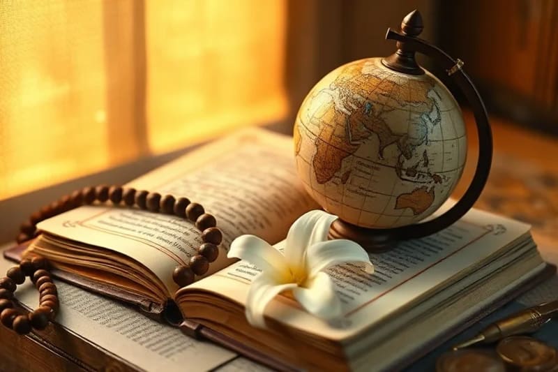 Rosario antiguo sobre un libro abierto con un globo terráqueo y un lirio blanco