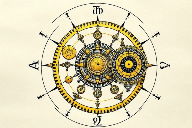 Digital painting of celestial gears and clockwork with glowing mathematical symbols