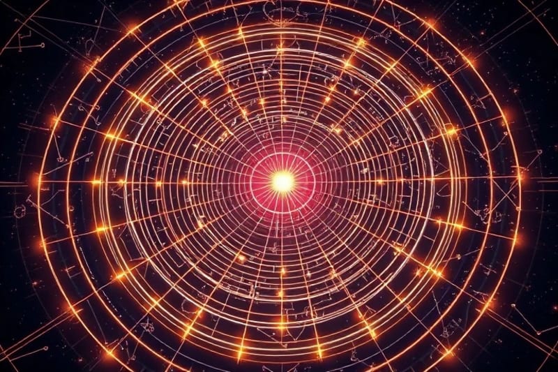 3D render of a glowing labyrinth with a radiant center, ancient symbols, cosmic atmosphere