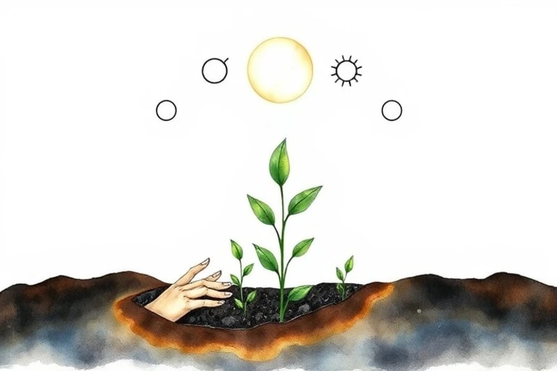 Mano tocando la tierra con símbolos planetarios