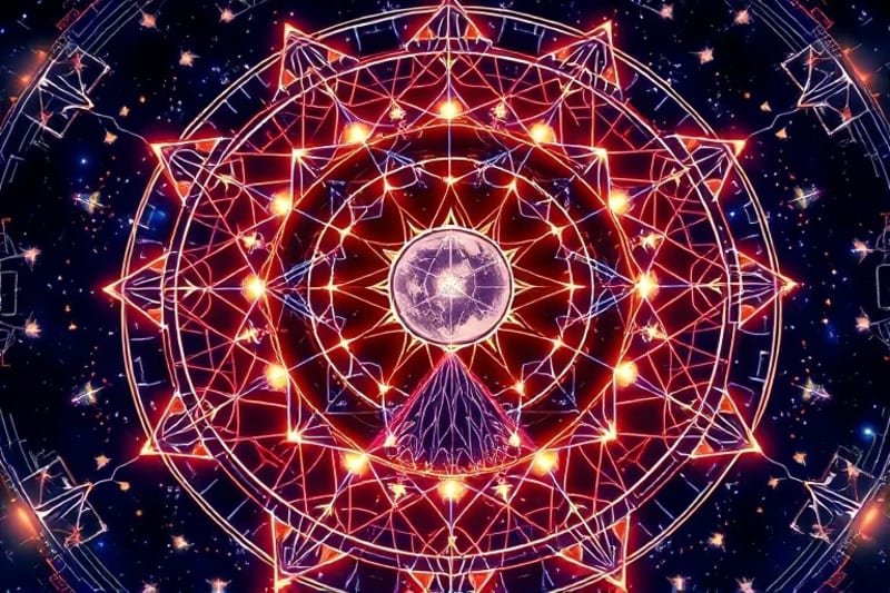 Mandala geométrico de raíces y cuerpos celestes