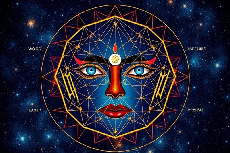 A stylized digital painting illustrating the five key facial features: eyes, eyebrows, nose, mouth, and ears, each labeled with their symbolic meaning in Chinese face reading.