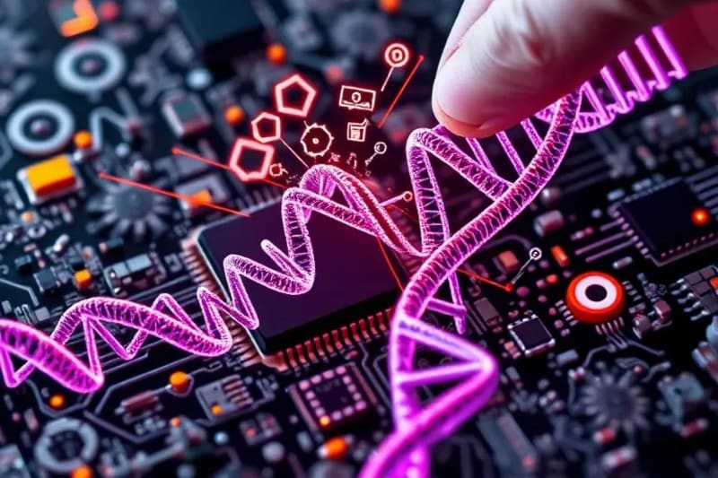 DNA strands with digital icons for no-code biotech automation