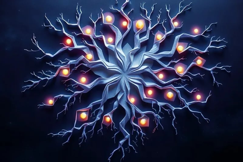 Render 3D abstracto de una red luminosa de raíces y ramas entrelazadas, con orbes de luz fluyendo, sobre un fondo cósmico oscuro.